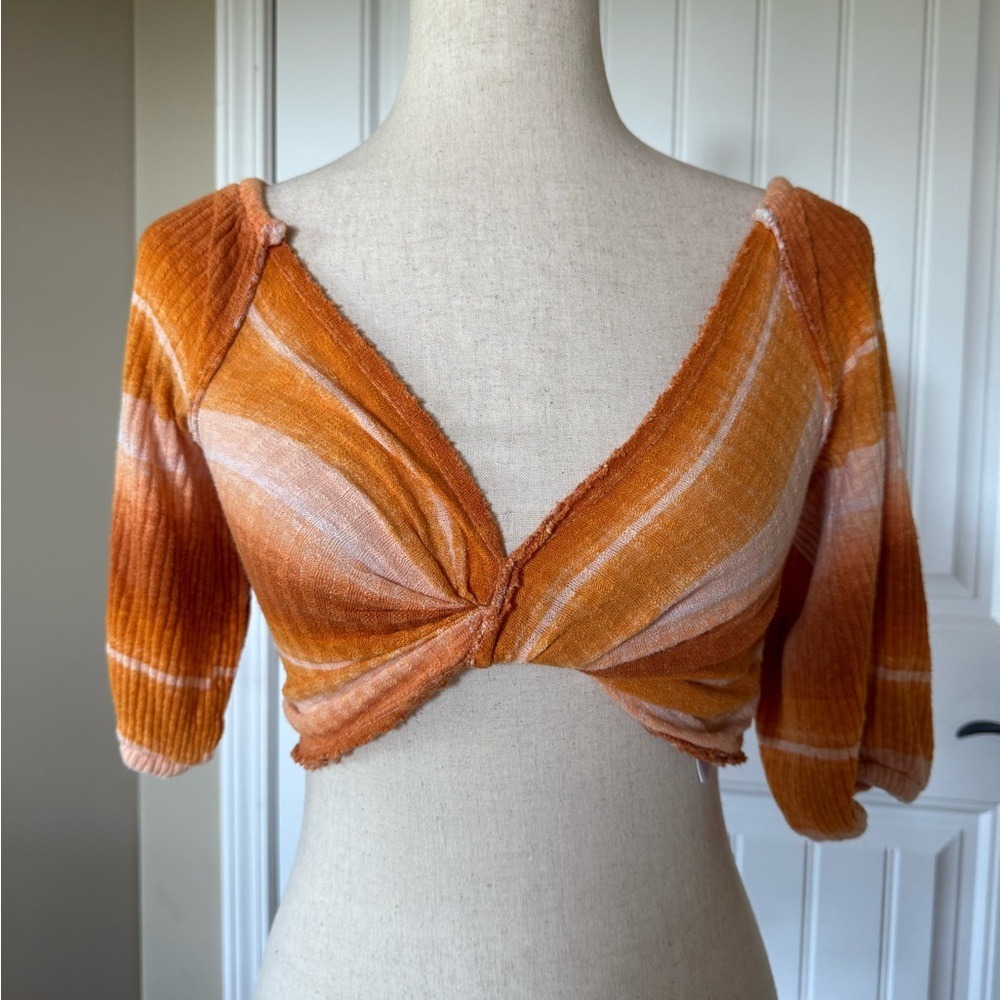 Urban‎ Outfitters Orange Ombre Striped Twist Front Crop Top Puff Sleeve Small
